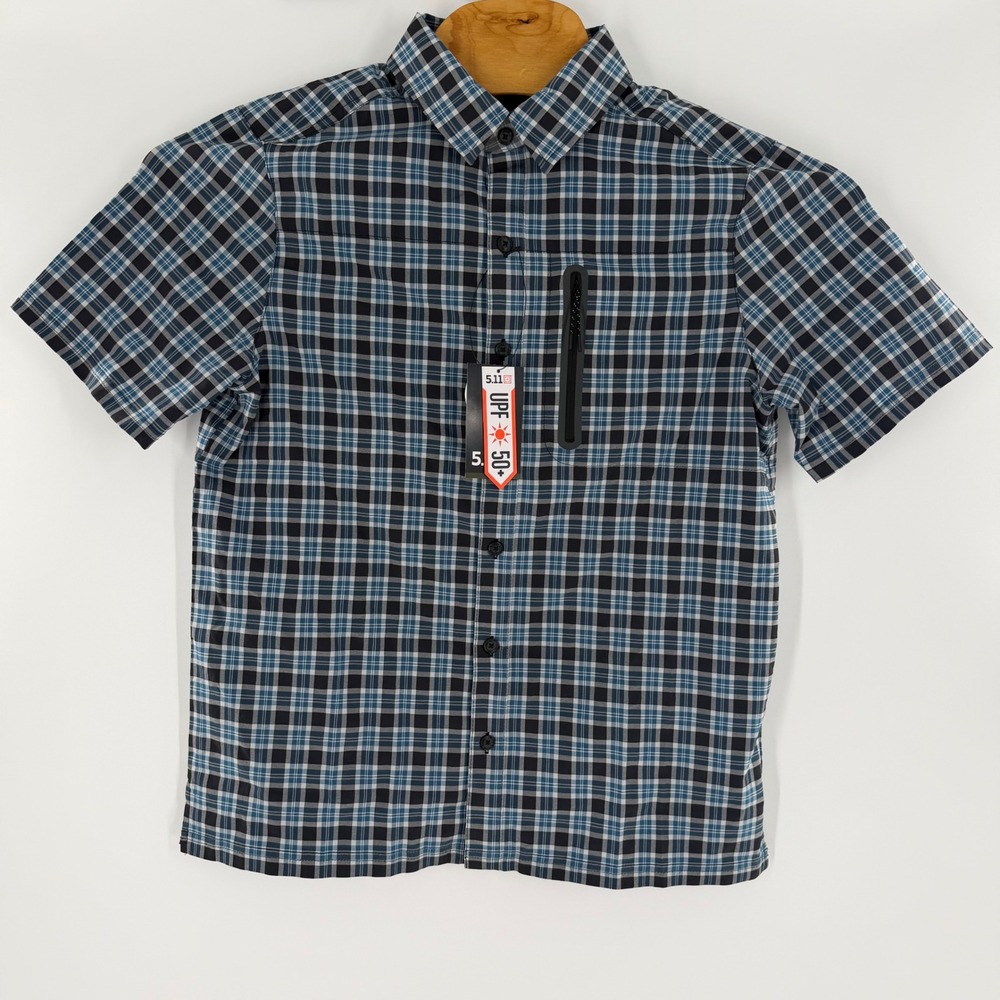 5.11 Tactical Mens Blue Black Plaid UPF 50+ Short Sleeve Button Down Shirt Small